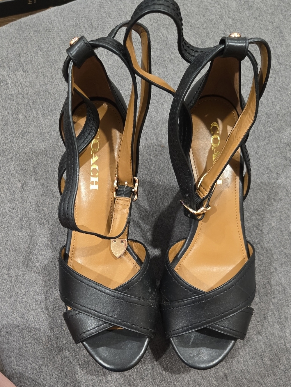 Coach Women's Black Leather Crisscross Ankle-Strap Heels